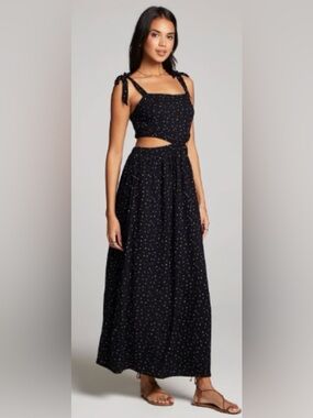 Saltwater Luxe Aya Midi Dress Black Ditsy Floral Cutout Tie Strap NWT Small